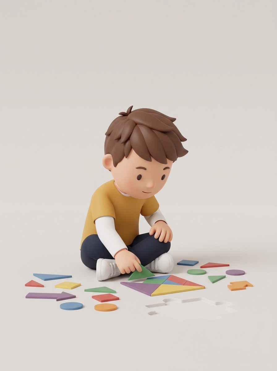 A young child sitting on the floor solving a colorful shape puzzle